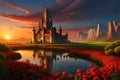 fantasy landscape art with a castle and a lake in foreground over a sunset. field of red flowers with river Royalty Free Stock Photo