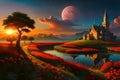 fantasy landscape art with a castle over a warm saturated sunset. field of red flowers with a big tree and water Royalty Free Stock Photo