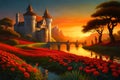 fantasy landscape art with a castle over a warm saturated sunset. field of red flowers and a bridge over water Royalty Free Stock Photo