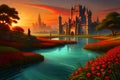 fantasy landscape art with a castle over a warm saturated sunset. field of red flowers and a water