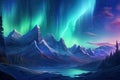 Fantasy landscape with aurora borealis and mountains. Digital illustration, Northern Lights Above Mountains, AI Generated Royalty Free Stock Photo