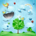 Fantasy landscape with big tree, flying umbrella and fishes