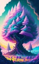 A fantasy landscape with a big tree in the forest