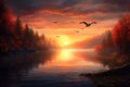 Fantasy landscape with a bird flying over the lake at sunset Royalty Free Stock Photo
