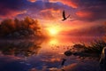 Fantasy landscape with a bird flying over the lake at sunset Royalty Free Stock Photo