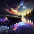 Fantasy landscape with a boat on the lake at night. 3d illustration AI Generated Royalty Free Stock Photo