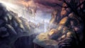 Fantasy landscape with a brave, small warrior standing on a stairs in a dark gorge among the rocks and a giant