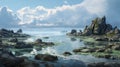 Fantasy Landscape: Calm Seas And Skies With Sharp Boulders And Rocks