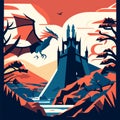 Fantasy landscape with castle and dragon. Vector illustration in flat style generative AI Royalty Free Stock Photo