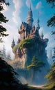 Fantasy landscape, castle in the forest, concept illustration, generative ai, these depiction is fictitious and generated