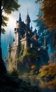 Fantasy landscape, castle in the forest, concept illustration, generative ai, these depiction is fictitious and generated