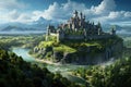 Fantasy landscape with a castle on the hill. 3D rendering, Medieval stronghold castle with hills, mountains, green fields, AI Royalty Free Stock Photo