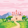 Fantasy landscape with Castle medieval Kingdom rural countryside. Fairytale background mountaines, trees, flora, field Royalty Free Stock Photo