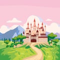 Fantasy landscape with Castle medieval Kingdom rural countryside. Fairytale background mountaines, trees, flora, field Royalty Free Stock Photo