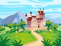 Fantasy landscape with Castle medieval Kingdom rural countryside. Fairytale background mountaines, trees, flora, field Royalty Free Stock Photo