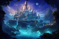 Fantasy landscape with fantasy castle and moon. 3D illustration. A thriving hidden oceanic civilization with enchanting Royalty Free Stock Photo