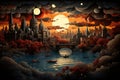 Fantasy landscape with the castle in the moonlight - illustration for children. Generative AI Royalty Free Stock Photo