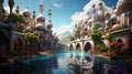 Fantasy landscape with castle, rivers, bridges. Generative AI