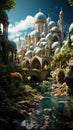 Fantasy landscape with castle, rivers, bridges. Generative AI