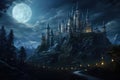 Fantasy landscape with castle on the rock at night. 3D rendering, A castle on a hill illuminated by the soft glow of a moonlit