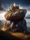 fantasy landscape, a castle on the top of a rock, surreal atmosphere, generative ai illustration