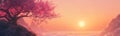 Fantasy landscape with cherry blossom tree and sunset over mountains Royalty Free Stock Photo