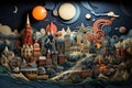 Fantasy landscape with a city, castle, river, moon, and stars. Vector illustration. Generative AI