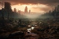 Fantasy landscape with city destroyed by the fire. 3D rendering, Dystopian world with sparse vegetation and thick, polluted skies