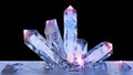 Fantasy landscape, crystals, amethyst, quartz, light, sun, people in backlight in a science fiction landscape, big crystals