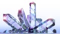 Fantasy landscape, crystals, amethyst, quartz, light, sun, people in backlight in a science fiction landscape, big crystals Royalty Free Stock Photo