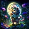 Fantasy landscape with a cute lion in the moonlight and flowers AI Generated animal ai Royalty Free Stock Photo