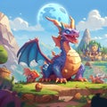 Fantasy landscape with dragon and castle. Cartoon vector illustration for children Royalty Free Stock Photo