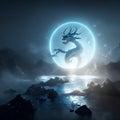 Fantasy landscape with dragon, moon and clouds. 3d rendering Generative AI Royalty Free Stock Photo