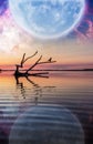 Fantasy landscape with driftwood, huge planet in the sky, galaxy and comet Royalty Free Stock Photo