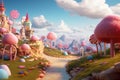 Fantasy landscape with fairy tale castle. 3d render illustration, A sweet candy land with lollipop trees and gumdrop mountains, AI Royalty Free Stock Photo