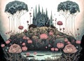 Fantasy landscape with fairy tale castle and flowers. Printable watercolor painting Royalty Free Stock Photo