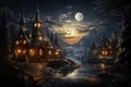 Fantasy landscape with a fantastic castle by the lake with snow-covered trees on Christmas night Royalty Free Stock Photo