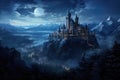 Fantasy landscape with fantasy castle on the hill at night. 3D rendering, A castle on a hill illuminated by the soft glow of a