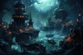 Fantasy landscape with fantasy temple in fog. 3D illustration, deep sea mining, AI Generated Royalty Free Stock Photo