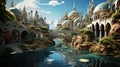 Fantasy landscape with castle, rivers, bridges. Generative AI