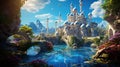 Fantasy landscape with castle, rivers, bridges. Generative AI