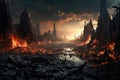 Fantasy landscape with fire and destroyed city. 3D illustration, Encounter the Masked Flame Guardian, a fearless warrior wielding