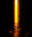 Fantasy landscape, fissure, darkness, light, sun, people running with a torch in hand in a science fiction landscape, big bright p