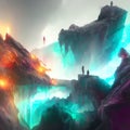 Fantasy landscape, fissure, darkness, light, sun, science fiction landscape, mountains, caves