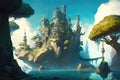 Fantasy Landscape With Floating Islands And Castles. Generative AI