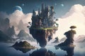 Fantasy Landscape With Floating Islands And Castles. Generative AI