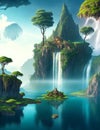 Fantasy landscape with floating islands and waterfalls
