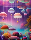 Fantasy landscape with flowers, flying jellies, insects and raindrops.