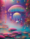 Fantasy landscape with flowers, flying jellies, insects and raindrops.