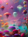 Fantasy landscape with flowers, flying jellies, insects and raindrops.